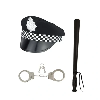 Image of Lizzy Adult Policeman Hat + Police Stick Handcuffs Theme Party Mens Fancy dress outfit Accessory Cosplay, Halloween, Christmas