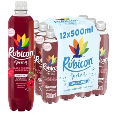 Image of Rubicon Spring 12 Pack Black Cherry Raspberry, Sparkling Water with Real Fruit Juice &amp; Natural Flavours, Only 13 Calories x 500ml Multipack Bottles