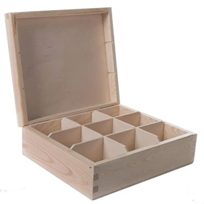 Image of Wooden Decorative Box with 9 Compartments 24 x 21 8 cm Accessories Storage Case Tea Bag Sewing Jewellery Caddy Organiser Divided Sections Natural Unpainted &amp; Untreated Wood for Craft