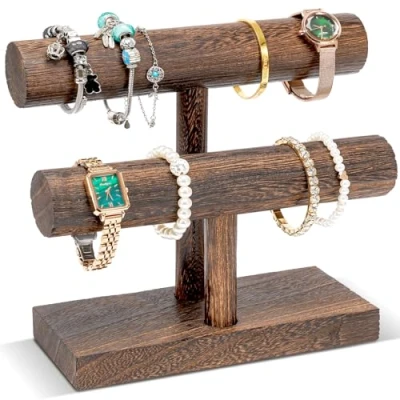 Image of ProCase Bracelet Holder Display Organiser, Wooden Stand for Selling, T bar Bangle Storage Rack Wood Watch Tower Business 2 Tier, Brown