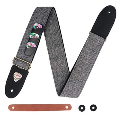 Image of Guitar Strap Soft Cotton Genuine Leather Ends with Pick Pocket, 3 Picks Included for Acoustic Guitar, Electric Bass, Banjos (Grey)