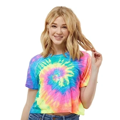 Image of Tie Dyed Ladies&#039; Cropped T Shirt, Neon Rainbow, Medium