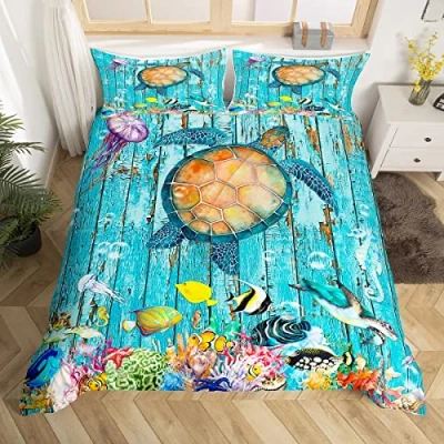 Image of Sea Turtle Duvet Cover Set King Size, Seahorse Jellyfish Fish Bedding 3pcs for Kids Boys Girls Bedroom Decor, Marine Animal Comforter Blue Wood Plank Quilt with 2 Pillowcases