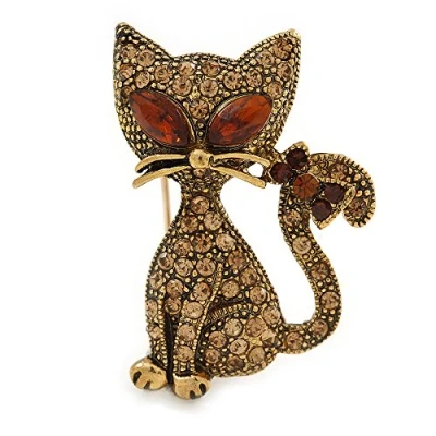 Image of Avalaya Sweet Topaz Crystal Cat Brooch in Antique Gold Tone Metal 35mm L