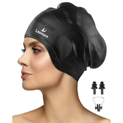 Image of Lasmare Long Hair Swimming Cap Women Men with 3D Ear Protection, Silicone Hat to Keep Dry, Waterproof Adult Bathing Caps Plugs &amp; Nose Clip(Black)