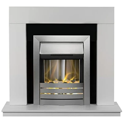 Image of Adam Malmo Fireplace in White &amp; Black/White with Helios Electric Fire Brushed Steel, 39 Inch