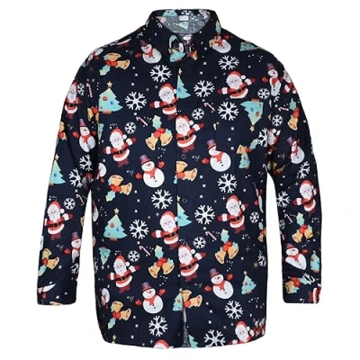 Image of True Face Mens Christmas Shirt Xmas Printed Long Sleeve Fancy Shirts Button Down Cotton Novelty Snowman Santa Bell Collared Casual Event Festive Holiday Party Top Navy L