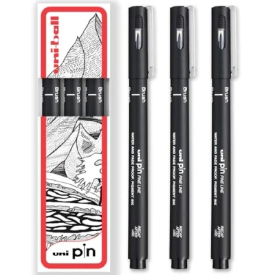 Image of uni ball PIN Fineliners Black Fine Tipped Writing Pens Water &amp; Fade Resistant Ink Ideal for Sketching, Scrapbooking, Outlining, Art, Technical Drawing In Gift Box (Pack of 3, Brush)