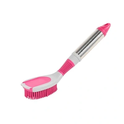 Image of Kleeneze KL076816EU7 Dish Brush, Rubber Bristles, Oval Head Scrub Stainless Steel Handle, Hanging Loop for Easy Storage, Heart Shaped Scrubbing Clean, Kitchen Tool, Grey/Pink