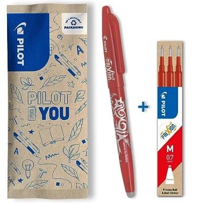 Image of PILOT set of 1 Frixion Ball + 3 refills Erasable pen with heat sensitive ink Refillable rollerball made from recycled plastic Red Medium tip