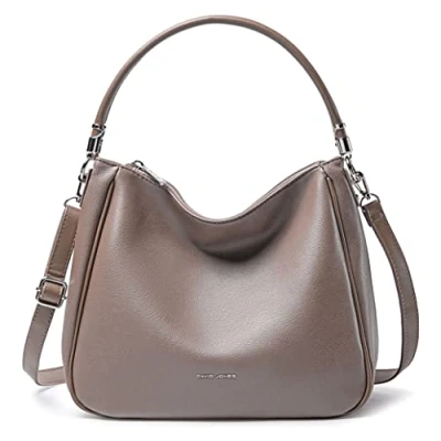 Image of David Jones Women&#039;s Hobo Shoulder Handbag Bag Faux Leather Medium Size Tote with Long Handle Fashion Classic Practical Elegant Grey Taupe