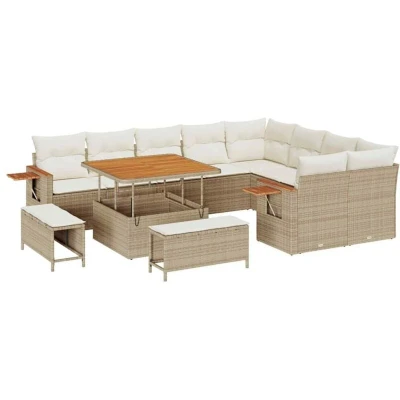 Image of 12 Piece Garden Sofa Set with Cushions Beige Poly Rattan Acacia Vidaxl