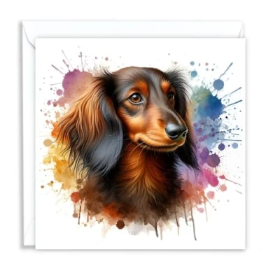 Image of Mottled Long Haired Dachshund Dog Watercolour Splash Effect Artistic Blank Greeting Card