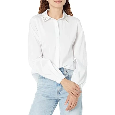 Image of KARL LAGERFELD Women&#039;s Popeline Langarm Streifen Alltag Mode Sport Bluse Blouse, White/Opulent Garden, M
