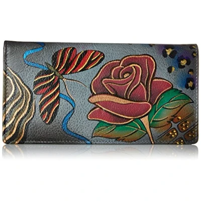 Image of Anna by Anuschka Women&#039;s Leather Wallet Hand Painted Rose Safari Grey Ladies, One Size