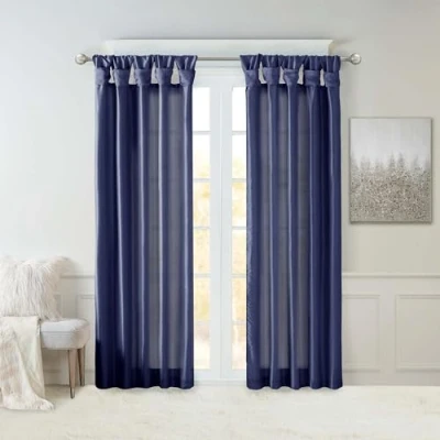 Image of Madison Park Emilia Faux Silk Single Curtain with Privacy Lining, DIY Twist Tab Top, Window Drape for Living Room, Bedroom and Dorm, 95&quot; L x 50&quot; W, Navy