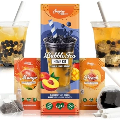 Image of INSPIRE FOOD Bubble Tea Kit Blueberry Boba 100g, Peach Syrup &amp; Mango 30ml, 4 Straws + 2 Jasmine Bags Vegan, Gluten Free, No Artificial Colors