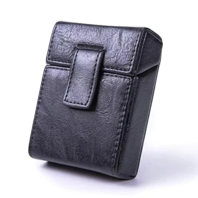 Image of Cigarette Storage Case PU Leather With Lighter Holder Portable Organizer Tobacco Pouch Box Container for Men and Women (Black)
