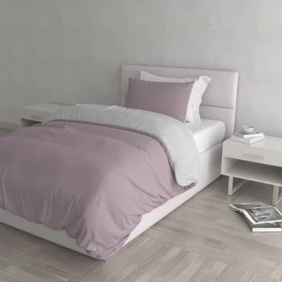 Image of Italian Bed Linen Natural Color Duvet Cover Set with Doubleface Solid Colour Bag Sheet and Pillowcase, Misty Rose/Light Gray, small double