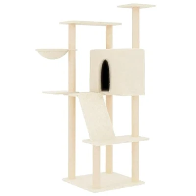 Image of vidaXL Cat Tree with Sisal Scratching Posts, Cream Multi Level Tower Plush Covering, House, Basket, Ladder and Platforms, Engineered Wood