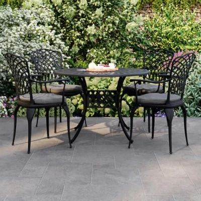 Image of Charles Bentley Cast Aluminium Bistro Round Table And 4 Chairs Set, Black, Outdoor Table, With Dark Grey Cushions, Garden, Patio, Central Hole For Parasol, Weatherproof, Armchairs (106x106x74cm)