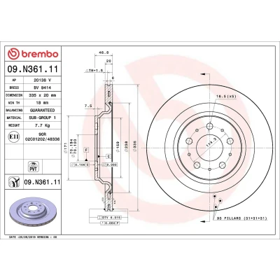 Image of 1044631, 104463100D Brake disc BREMBO 09.N361.11 335mm 20mm 5 internally vented Coated TESLA: Model 3