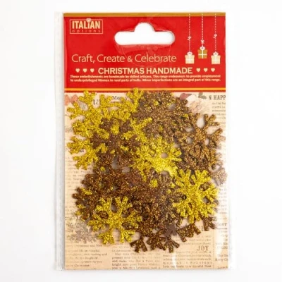 Image of Italian Options Christmas Glitter Snowflakes Brown Gold Festive Card Making Craft Decoration (Pack of 36)
