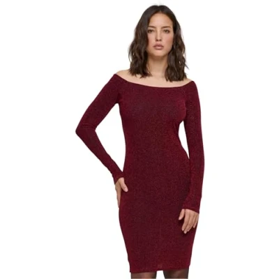 Image of Urban Classics OFF Shoulder Longsleeve Glitter Cocktail dress / Party dress, Women&#039;s, Size: Large, Burgundy