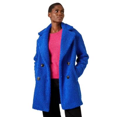 Image of Roman Originals Teddy Coat for Women UK Ladies Borg Faux Fur Coatigan Lined Casual Soft Fluffy Fleece Texture Oversized Longline Warm Cosy Winter Jacket Thick Cardigan Royal Blue Size 14