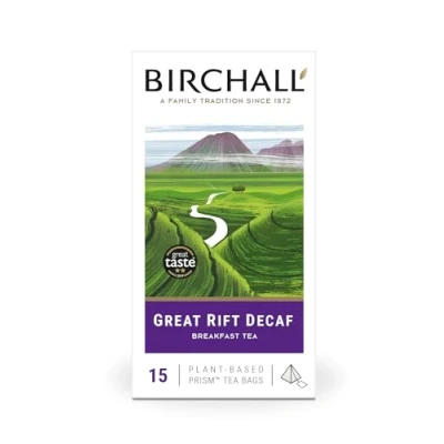 Image of Birchall Great Rift Decaf Blend Tea Bags, English Breakfast Bursting with Full Flavour, Perfect Vegan Gifts, 15 Plant Based Prism Bags