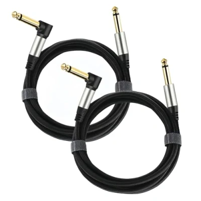 Image of Adoerpai 2 Pack Guitar Cables 1/4 Inch 6.35mm Male to Jack Right Angle Straight Nylon Braided TS Mono Instrument Cable (2m pack)