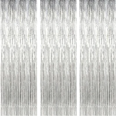 Image of AILEXI 3 Pack 3ft*8ft Metallic Tinsel Curtains Foil Fringe Shimmer Streamers Curtain Door Window Decoration for Party Supplies Silver