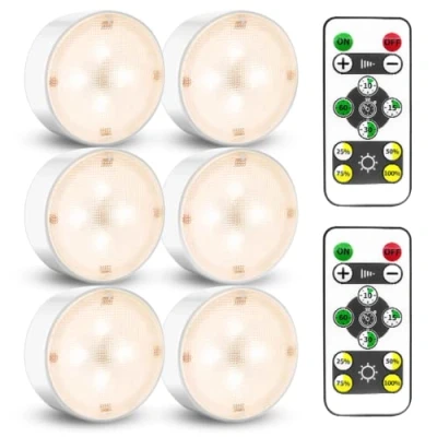 Image of Starxing Puck Lights with Remote, LED Under Cabinet Indoor, 6 Pack Stick on Cupboard Battery Powered, Wireless Counter Light for Kitchen Closet Hallway
