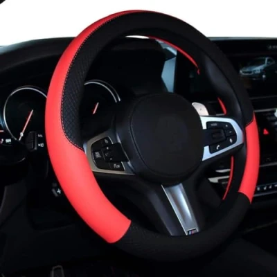 Image of Microfibre leather steering wheel cover Wavy Line Splice X pattern black red