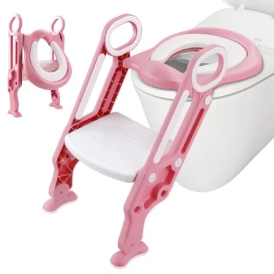 Image of ASAB Potty Training Toilet Seat Foldable Portable Chair with Adjustable Height Ladder Guard Handle Soft Cushion Design Kids Step Stool for Baby Toddler (Pink &amp; White)