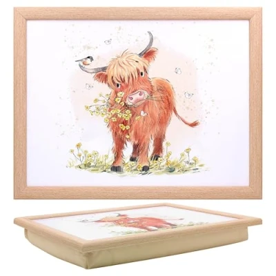 Image of The Leonardo Collection Paper Shed Design Highland Cow Laptray With Bean Bag for Serving Dishes Lovely Lap Trays Eating on Dinner or Breatfast Newly Designed Food