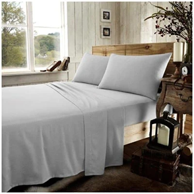 Image of Flannelette Fitted Sheet Single, Brushed Cotton Bed Sheets, Plain Dyed Bedding &amp; Linen, Grey