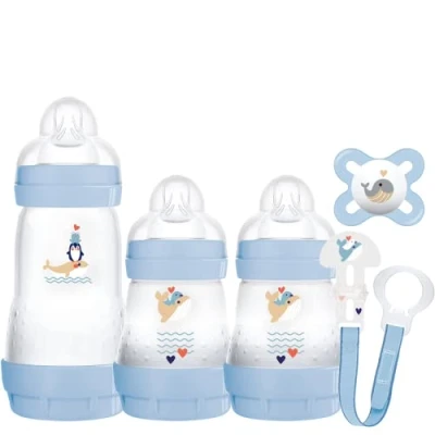Image of MAM Welcome To The World Set, Newborn Bottle Set with 0 2 Months Baby Soother and Clip, Gifts, Blue (Designs May Vary)