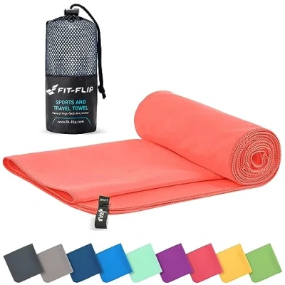 Image of Fit Flip Microfibre towel compact, ultra lightweight &amp; quick dry the perfect gym, travel beach swimming for sports, camping hiking (1x 30x50cm peach + 1 bag)