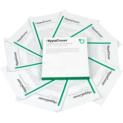 Image of HypaCover Sterile Paraffin Gauze Dressing, 10cm x (Pack of 10) Hypoallergenic, Suitable for Burns, Cuts, Surgical Wounds