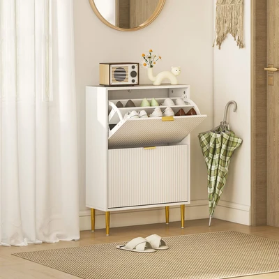 Image of Slim Shoe Storage Cabinet with 2 Flip Drawers for Hallway, White Homcom
