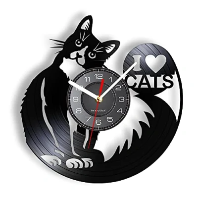 Image of Smotly Vinyl wall clock, cute cat themed clock with LED night light function is a gift for pet lovers. (Without light)