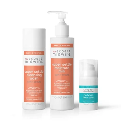 Image of My Expert Midwife Baby Settle &amp; Soothe Skincare Essentials Kit with Super Cleansing Body Wash, Moisture Milk Cream and No Harm Bum Balm Nappy (Pack of 3)