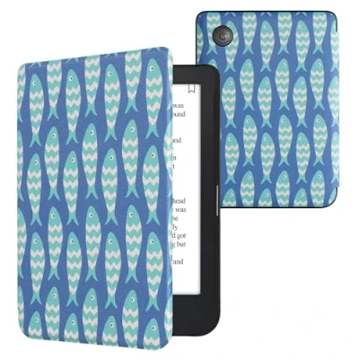 Image of kwmobile Case Compatible with Kobo Clara 2E / Tolino Shine 4 eReader Cover Small Fish Blue/Light Blue/White