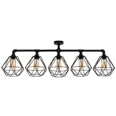 Image of MiniSun Industrial Steampunk Style 5 Way Satin Black Pipework Bar Ceiling Light with Basket Cage Shades