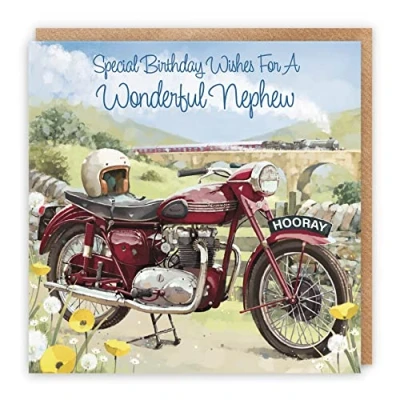 Image of Hunts England Vintage Motorbike Nephew Birthday Card Steam Train Countryside Classic Motorcycle Stunning Artistic Adult Milo&#039;s Gallery Collection
