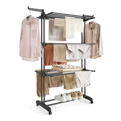 Image of SONGMICS Large Clothes Airer, Foldable Drying Rack Laundry 4 Tier, Moveable Horse, 63.5 x 128 173 cm, Stainess Steel, Folding Wings, Indoor Outdoor Use, Ink Black LLR701B01