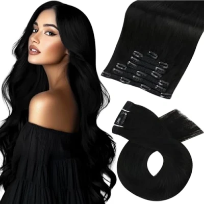 Image of Moresoo Clip in Hair Extensions Real Human Black Natural Remy Straight 22 Inch 7Pieces/120g #1B