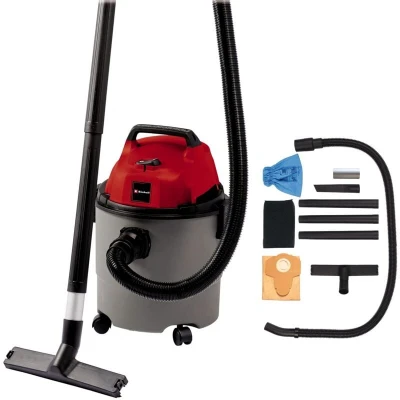 Image of Einhell TC VC 1815 wet &amp; dry vaccum cleaner (1250 W, 180 mbar, robust 15 liter plastic tank, blow connection, 4 castors, accessories holder, incl. suction hose, nozzles + filters)