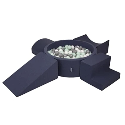 Image of KiddyMoon Foam Playground For Kids With Round Ballpit (200 Balls ∅ 7Cm/2.75In) Soft Obstacles Course And Ball Pool Made In EU, Darkblue:White/Grey/Mint